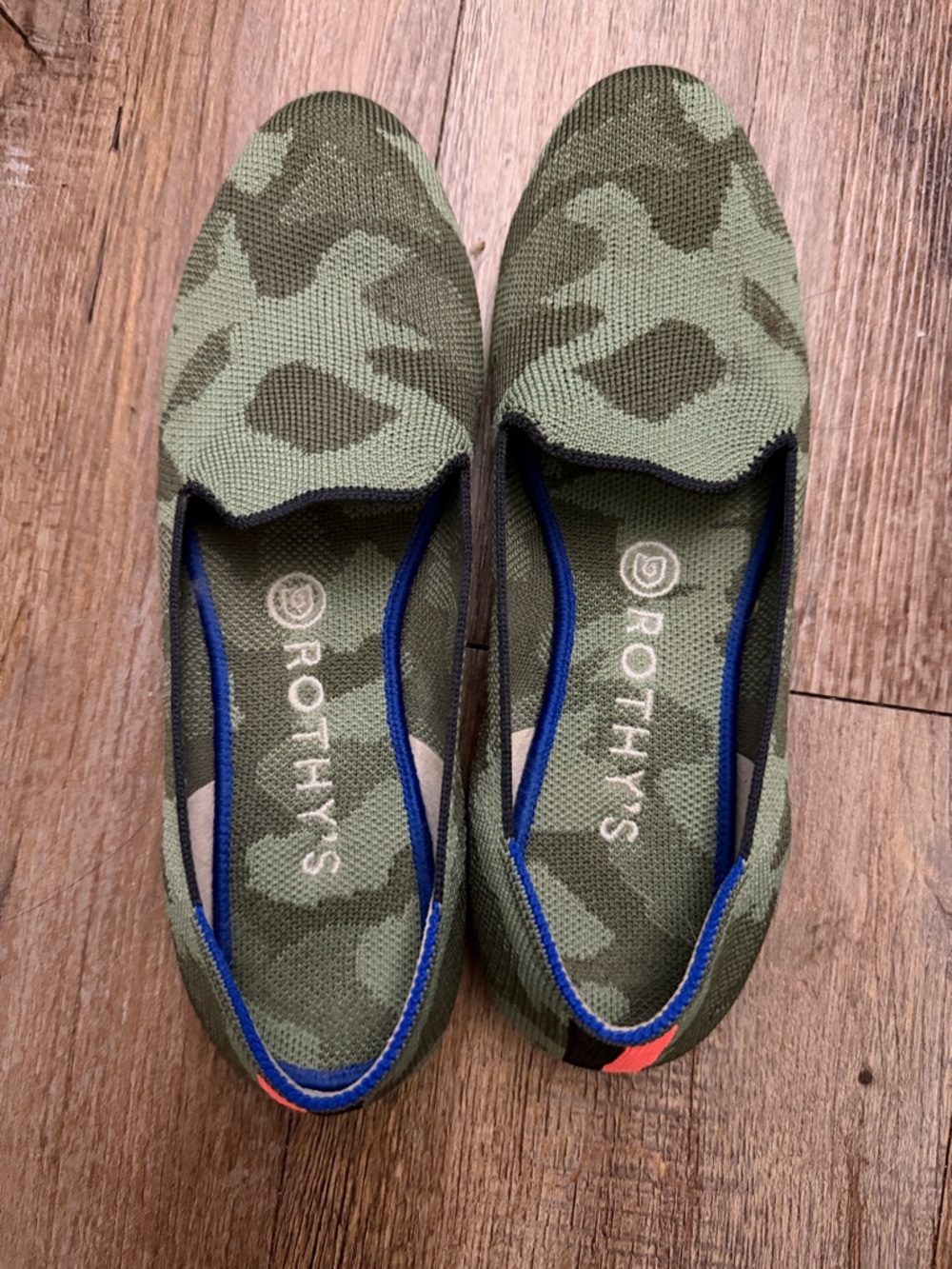 Rothy's Green Camo Knit Slip-On Flats with Blue Trim